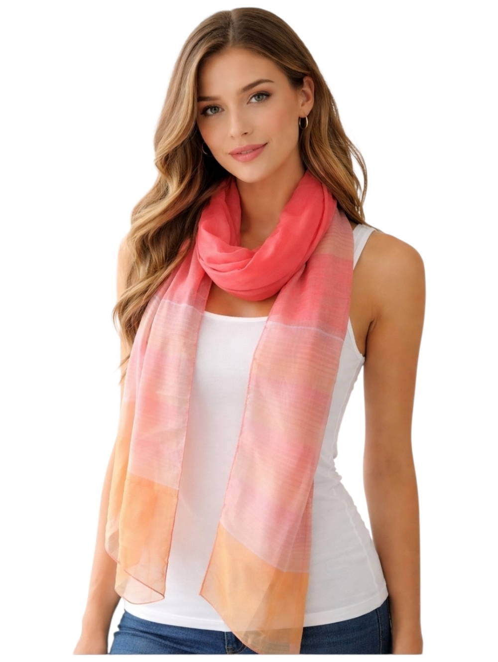 V. Fraas Ombre Colorblock Scarf Coral Peach Pink Lightweight Sheer Wrap
